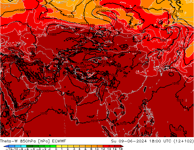 Theta-W 850гПа ECMWF Вс 09.06.2024 18 UTC