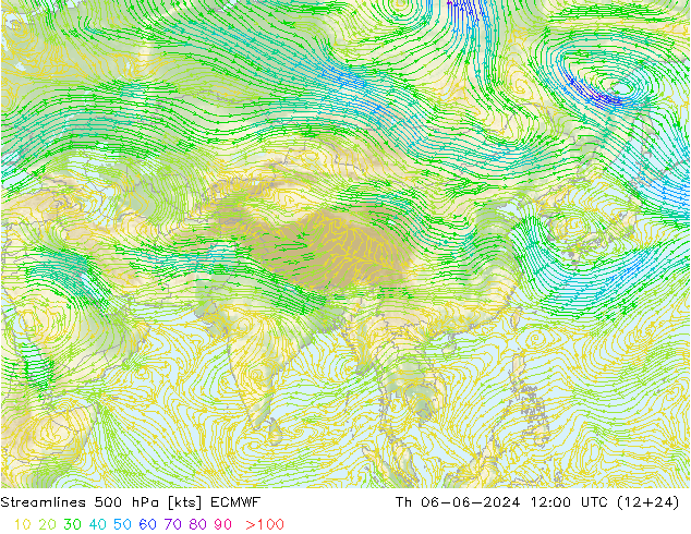 Línea de corriente 500 hPa ECMWF jue 06.06.2024 12 UTC