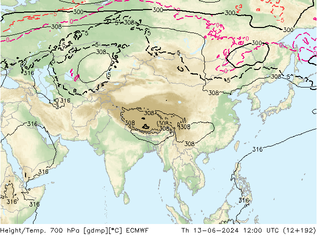 Height/Temp. 700 hPa ECMWF Th 13.06.2024 12 UTC