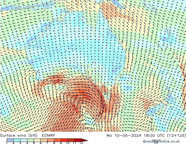 Surface wind (bft) ECMWF Mo 10.06.2024 18 UTC