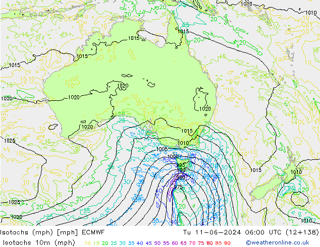 Isotachs (mph) ECMWF Tu 11.06.2024 06 UTC