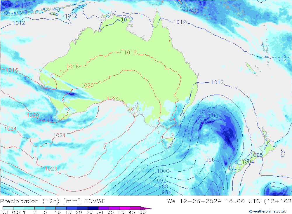 Totale neerslag (12h) ECMWF wo 12.06.2024 06 UTC