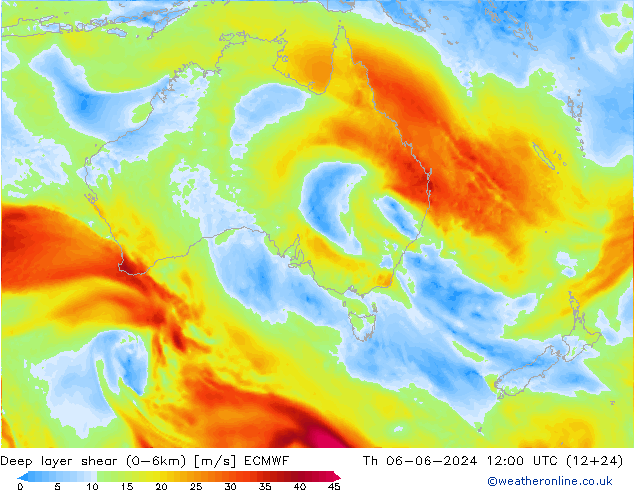 Deep layer shear (0-6km) ECMWF Th 06.06.2024 12 UTC