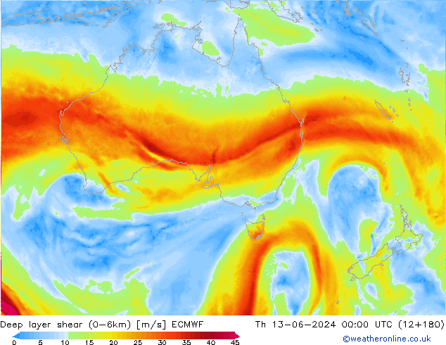 Deep layer shear (0-6km) ECMWF Per 13.06.2024 00 UTC