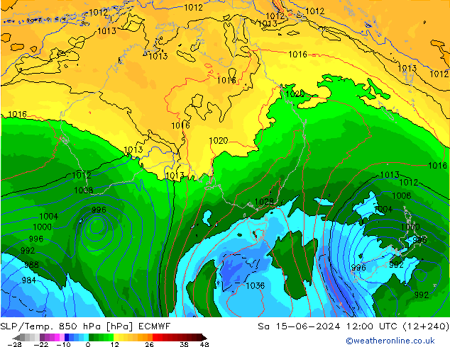 SLP/Temp. 850 hPa ECMWF Sa 15.06.2024 12 UTC