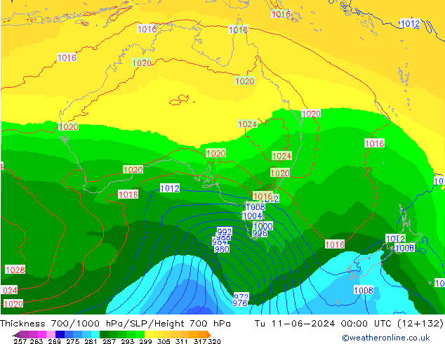 Thck 700-1000 hPa ECMWF Tu 11.06.2024 00 UTC