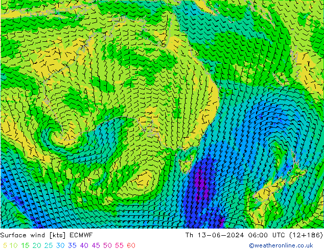 Surface wind ECMWF Čt 13.06.2024 06 UTC