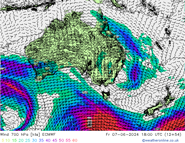 Rüzgar 700 hPa ECMWF Cu 07.06.2024 18 UTC