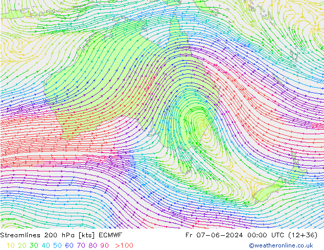 Stroomlijn 200 hPa ECMWF vr 07.06.2024 00 UTC