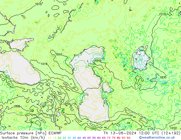 Isotachs (kph) ECMWF Th 13.06.2024 12 UTC