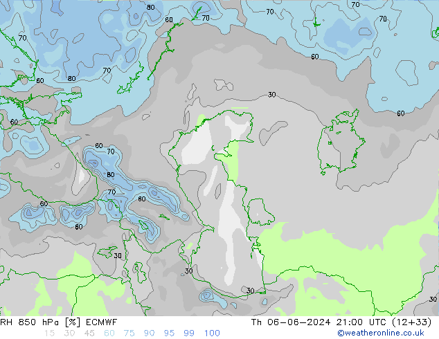 RH 850 hPa ECMWF Čt 06.06.2024 21 UTC