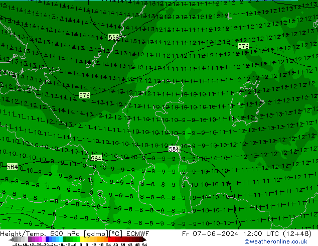 Height/Temp. 500 hPa ECMWF Pá 07.06.2024 12 UTC