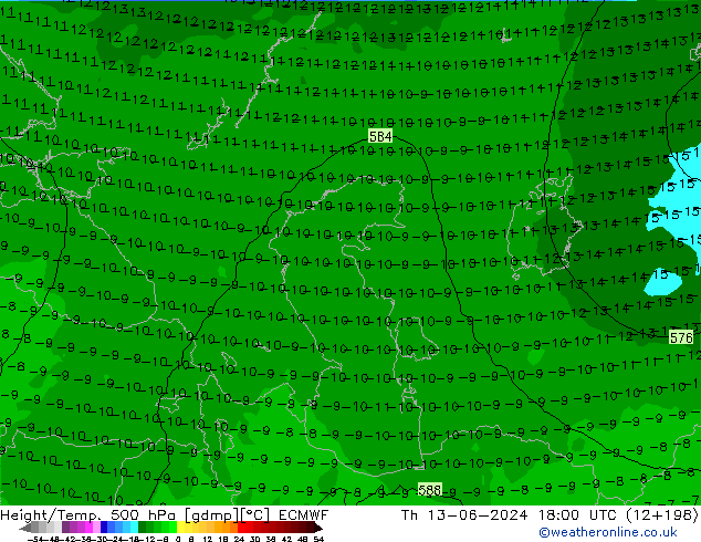 Z500/Rain (+SLP)/Z850 ECMWF Čt 13.06.2024 18 UTC