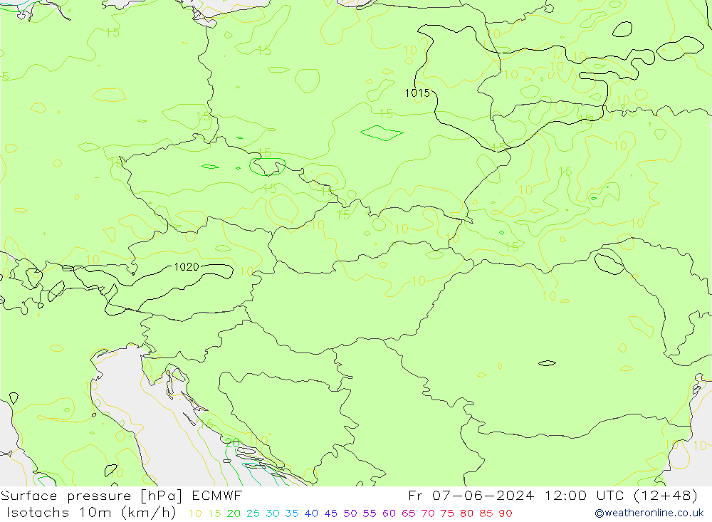 Isotachs (kph) ECMWF Fr 07.06.2024 12 UTC