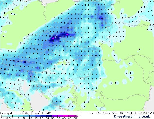 Z500/Rain (+SLP)/Z850 ECMWF Po 10.06.2024 12 UTC