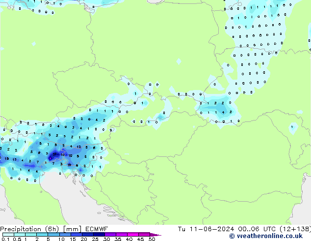 Nied. akkumuliert (6Std) ECMWF Di 11.06.2024 06 UTC