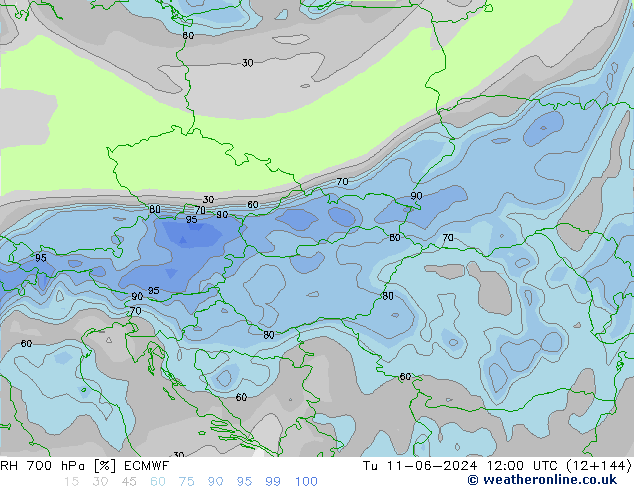 RH 700 hPa ECMWF Di 11.06.2024 12 UTC