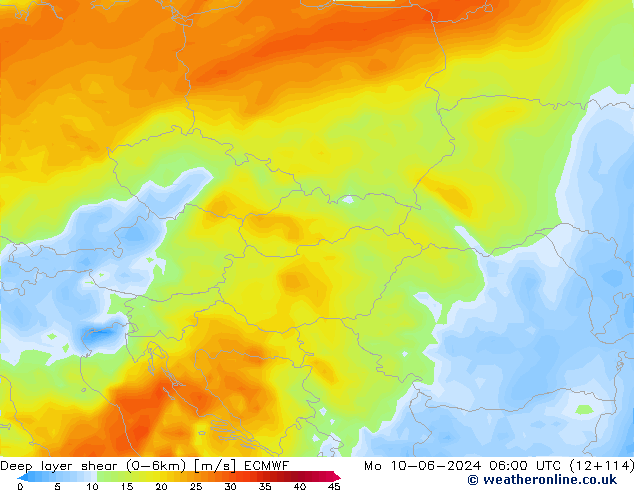 Deep layer shear (0-6km) ECMWF Pzt 10.06.2024 06 UTC