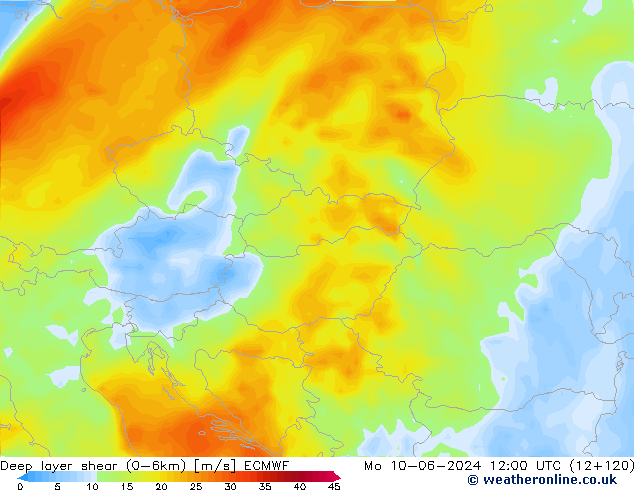 Deep layer shear (0-6km) ECMWF Pzt 10.06.2024 12 UTC