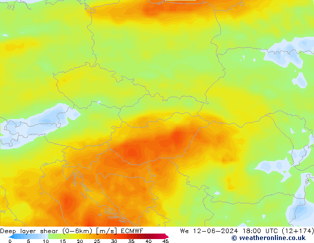 Deep layer shear (0-6km) ECMWF We 12.06.2024 18 UTC