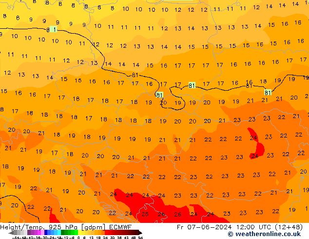 Height/Temp. 925 hPa ECMWF Pá 07.06.2024 12 UTC