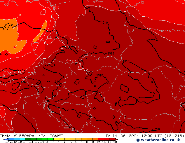 Theta-W 850гПа ECMWF пт 14.06.2024 12 UTC