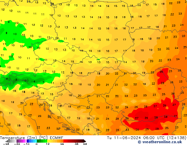 Temperature (2m) ECMWF Tu 11.06.2024 06 UTC