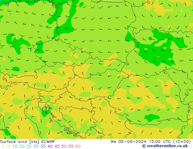 wiatr 10 m ECMWF śro. 05.06.2024 12 UTC