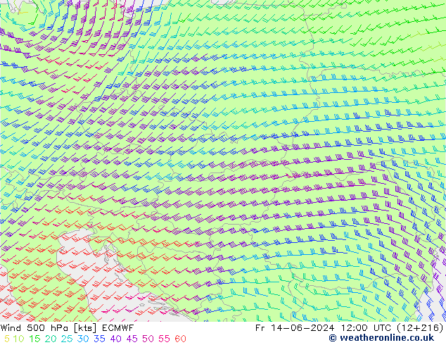 Wind 500 hPa ECMWF Fr 14.06.2024 12 UTC