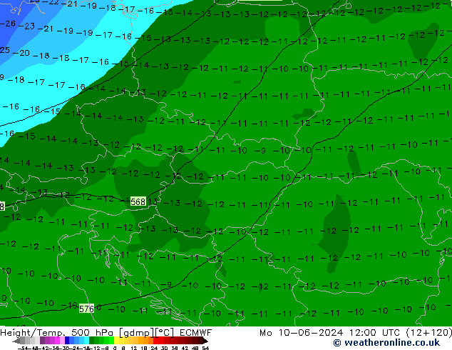 Z500/Rain (+SLP)/Z850 ECMWF Po 10.06.2024 12 UTC