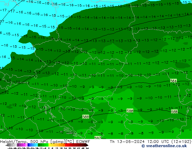 Z500/Rain (+SLP)/Z850 ECMWF Th 13.06.2024 12 UTC