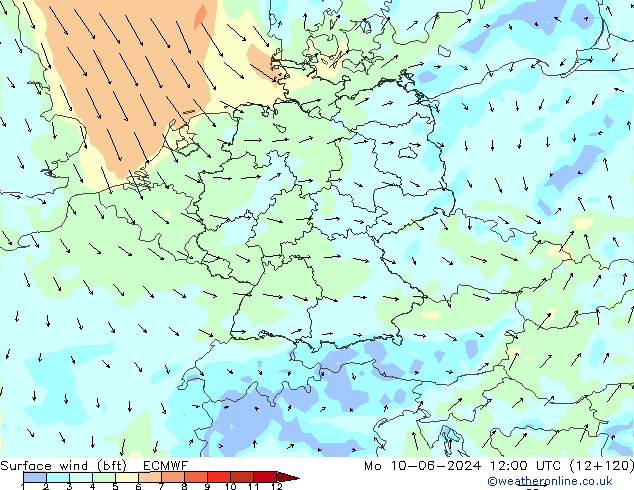 Wind 10 m (bft) ECMWF ma 10.06.2024 12 UTC