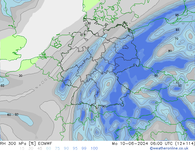 RH 300 hPa ECMWF Mo 10.06.2024 06 UTC