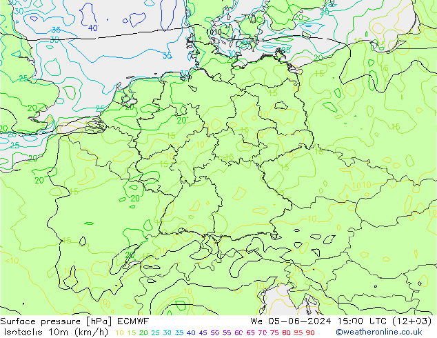 Izotacha (km/godz) ECMWF śro. 05.06.2024 15 UTC