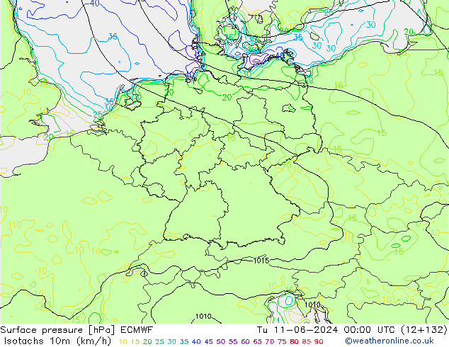 Isotachs (kph) ECMWF Út 11.06.2024 00 UTC