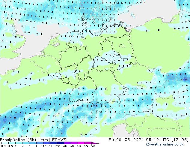 Z500/Rain (+SLP)/Z850 ECMWF Su 09.06.2024 12 UTC