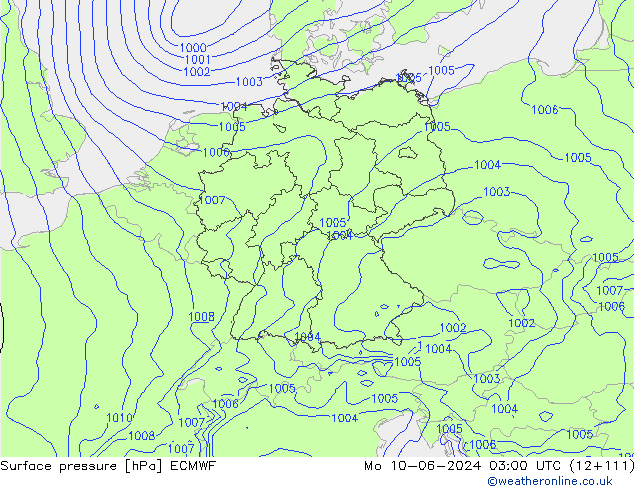 Presión superficial ECMWF lun 10.06.2024 03 UTC