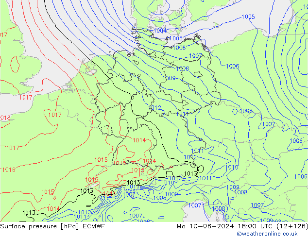 pressão do solo ECMWF Seg 10.06.2024 18 UTC