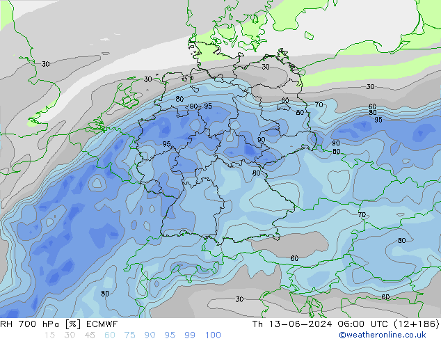 Humidité rel. 700 hPa ECMWF jeu 13.06.2024 06 UTC