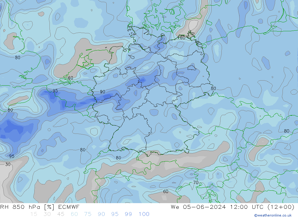 RH 850 hPa ECMWF mer 05.06.2024 12 UTC