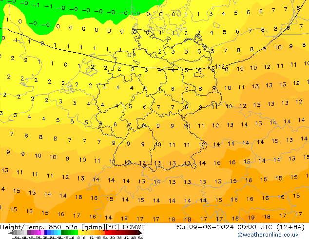 Height/Temp. 850 hPa ECMWF So 09.06.2024 00 UTC