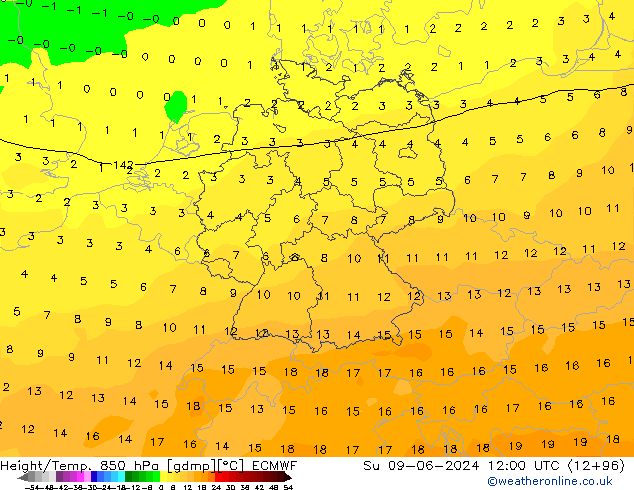 Height/Temp. 850 hPa ECMWF Dom 09.06.2024 12 UTC