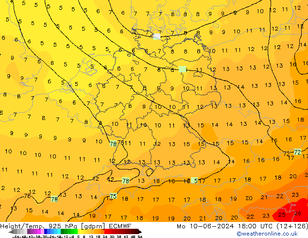 Geop./Temp. 925 hPa ECMWF lun 10.06.2024 18 UTC