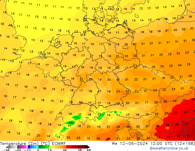 Temperaturkarte (2m) ECMWF Mi 12.06.2024 12 UTC