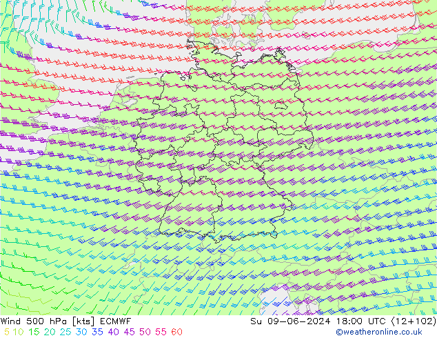 ветер 500 гПа ECMWF Вс 09.06.2024 18 UTC