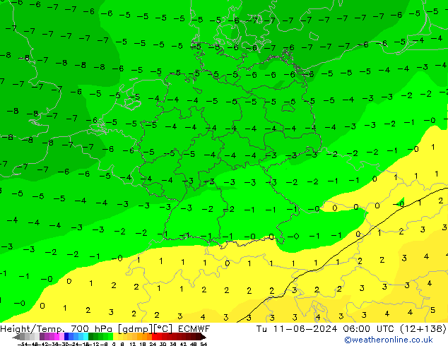 Géop./Temp. 700 hPa ECMWF mar 11.06.2024 06 UTC