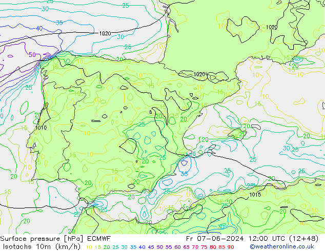 Isotachs (kph) ECMWF ven 07.06.2024 12 UTC