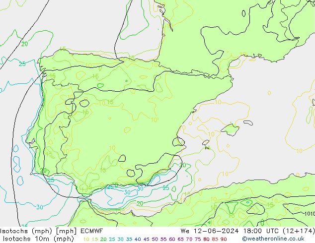 Isotaca (mph) ECMWF mié 12.06.2024 18 UTC