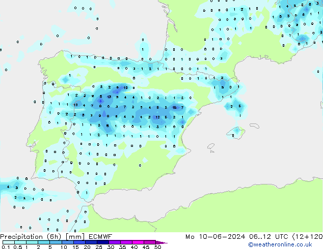 Totale neerslag (6h) ECMWF ma 10.06.2024 12 UTC