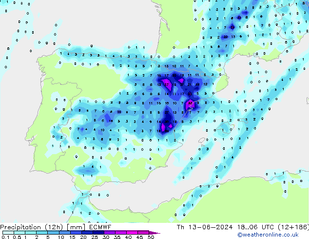 Precipitation (12h) ECMWF Th 13.06.2024 06 UTC